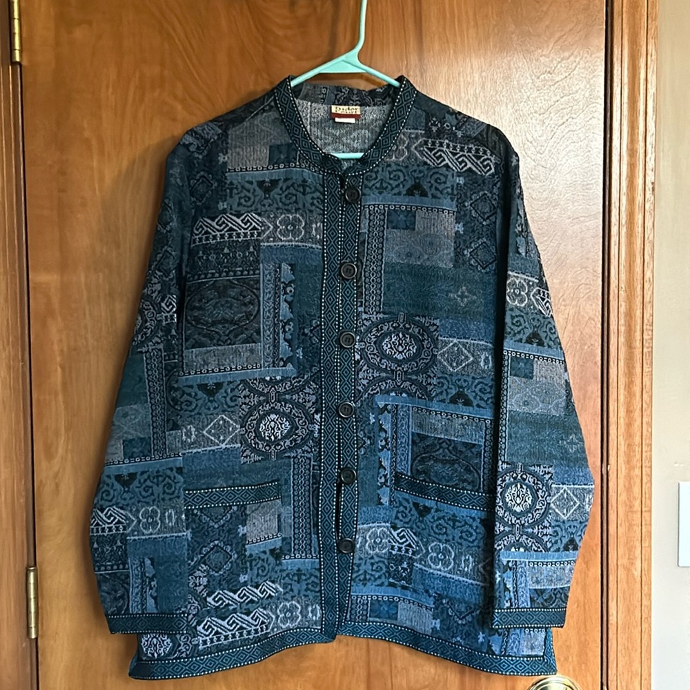 Vintage Tudor Court blue tapestry button down jacket Size XX